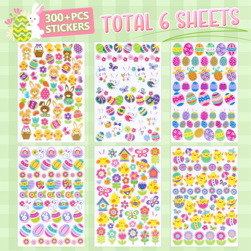 Naler Easter Stickers Sheet Assorted Bunny Stickers for Easter Party Favor DIY Craft Art Making Decoration, 6-Pack, 300+pcs - Image 3